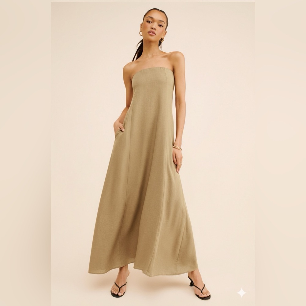 WeWoreWhat Revolve Tan Linen Blend A-Line Midi Strapless in SAFARI Pockets! Med - Picture 1 of 16
